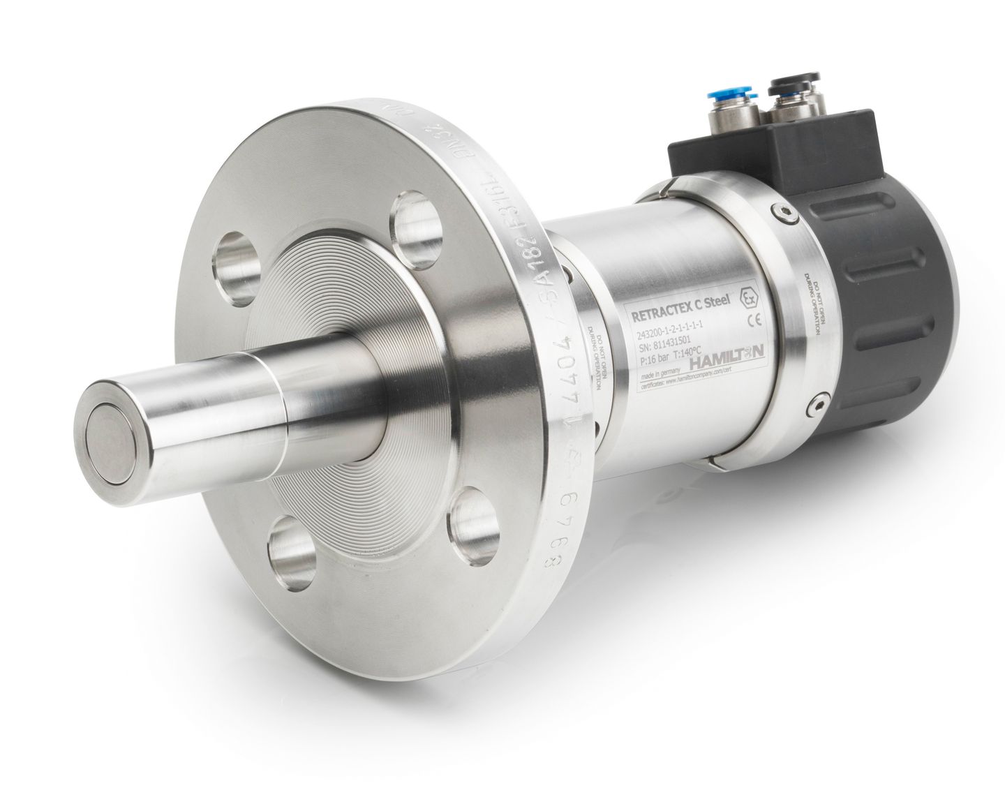 Hamilton RETRACTEX C Steel retractable sensor housing with stainless steel flange and pneumatic fittings