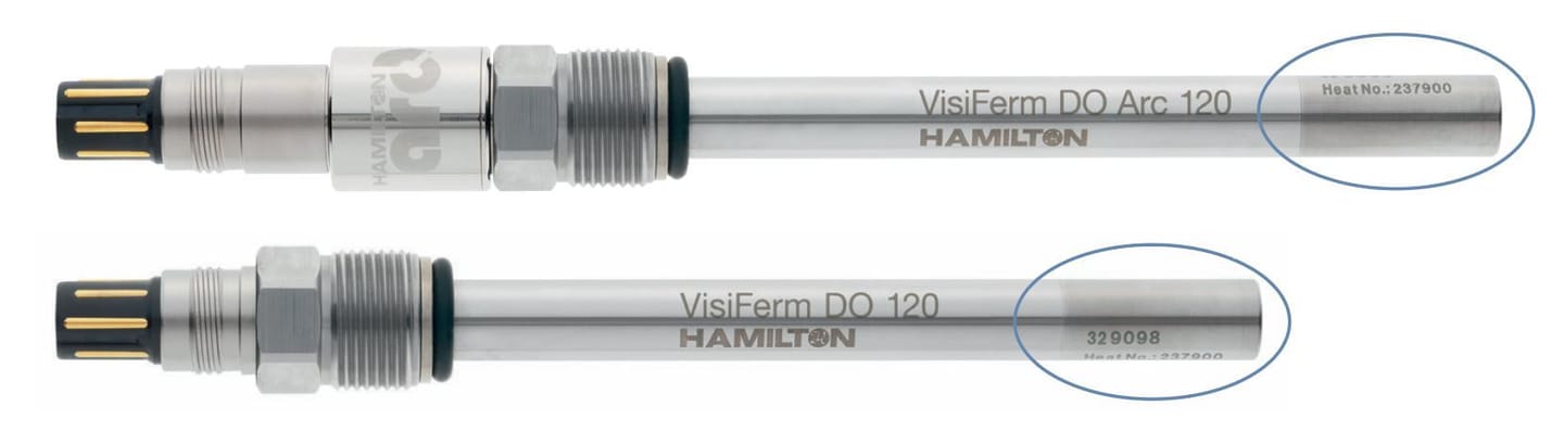 Two Hamilton DO sensors: VisiFerm DO Arc 120 (Heat No.: 237900) and VisiFerm DO 120 (329098, Heat No.: 237900), with tip labels circled.