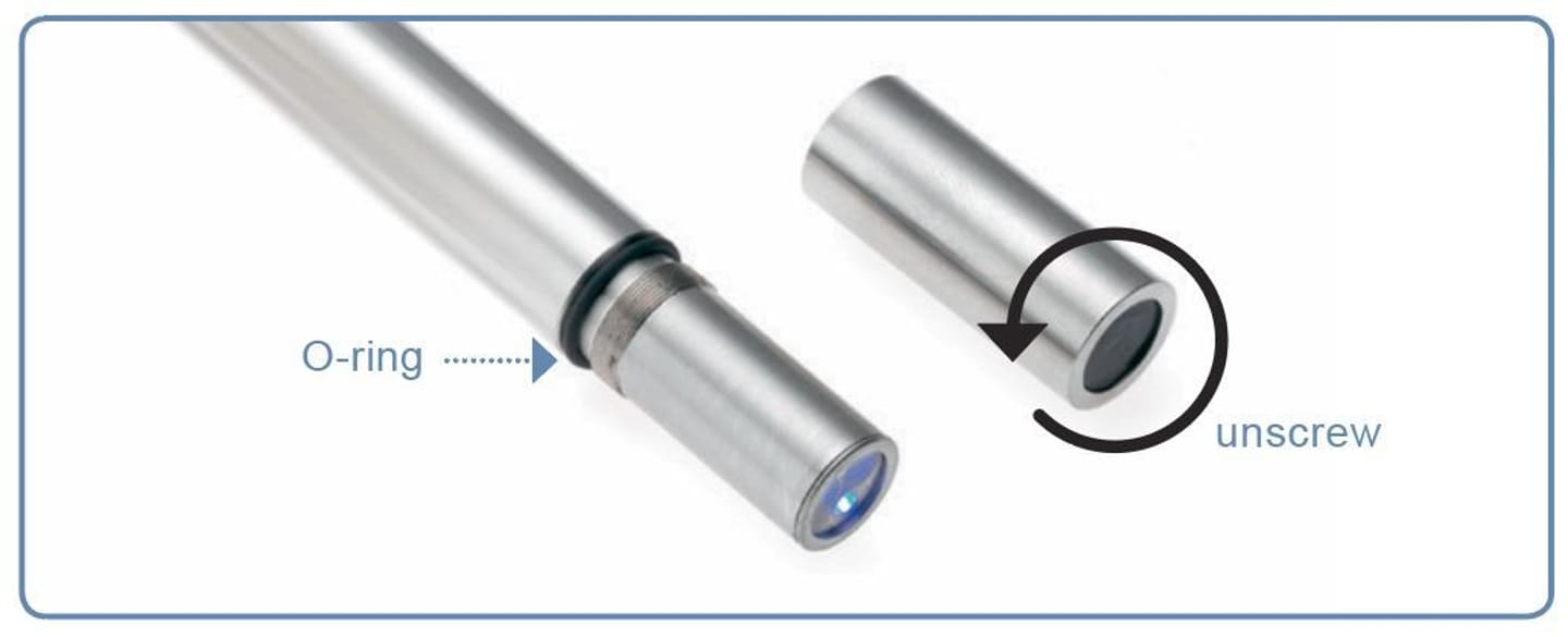 Stainless steel sensor tip with O-ring labeled, beside unscrewed cap showing optical window face