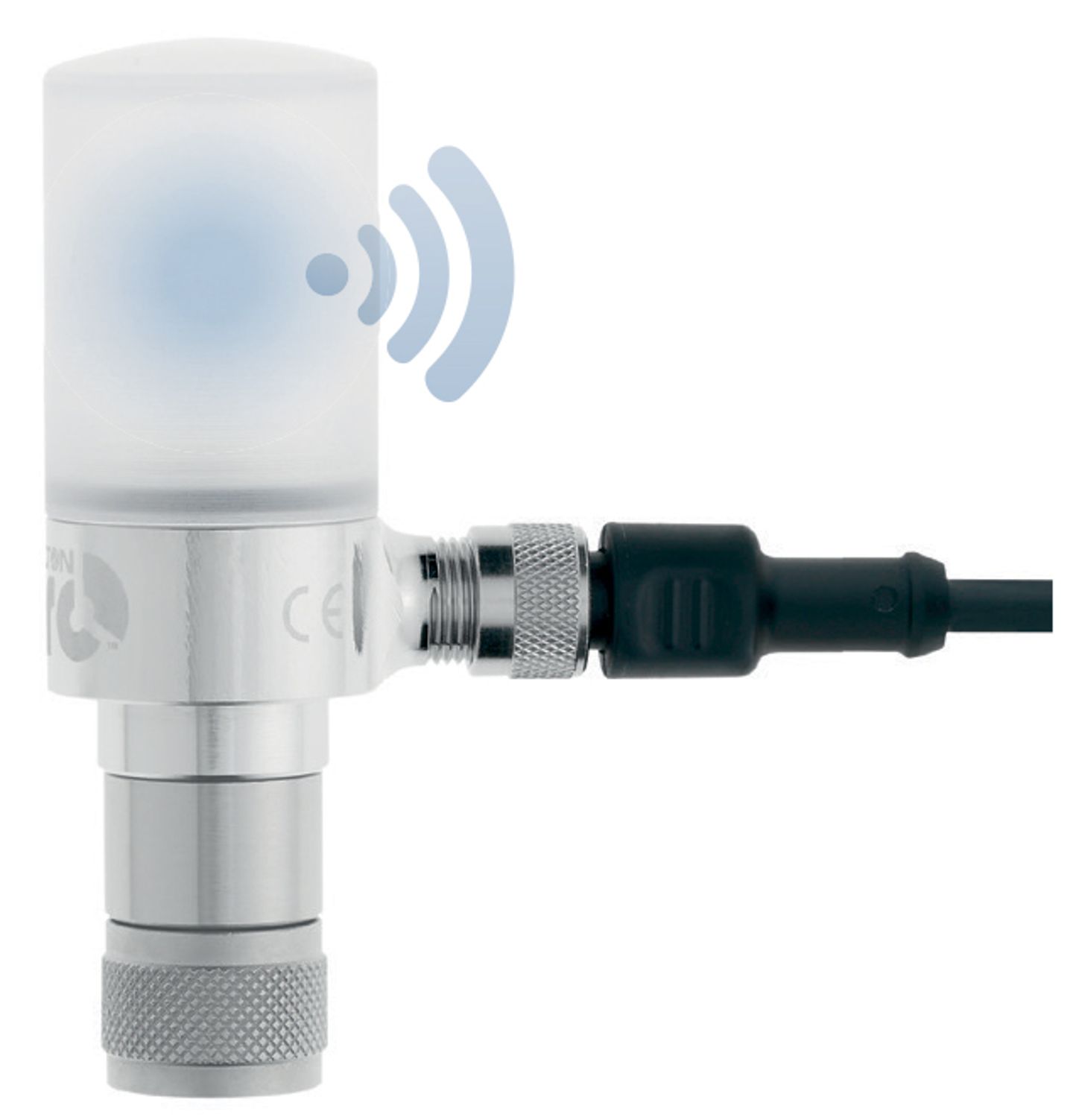 Arc-shaped process sensor with illuminated white top, wireless signal icon, and side-mounted cable connector