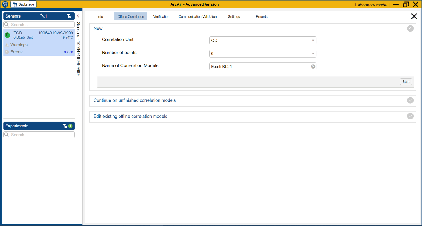 ArcAir Advanced Version software showing Offline Correlation tab with fields for Correlation Unit (OD), Number of Points (6), and Correlation Model Name (E.coli BL21)