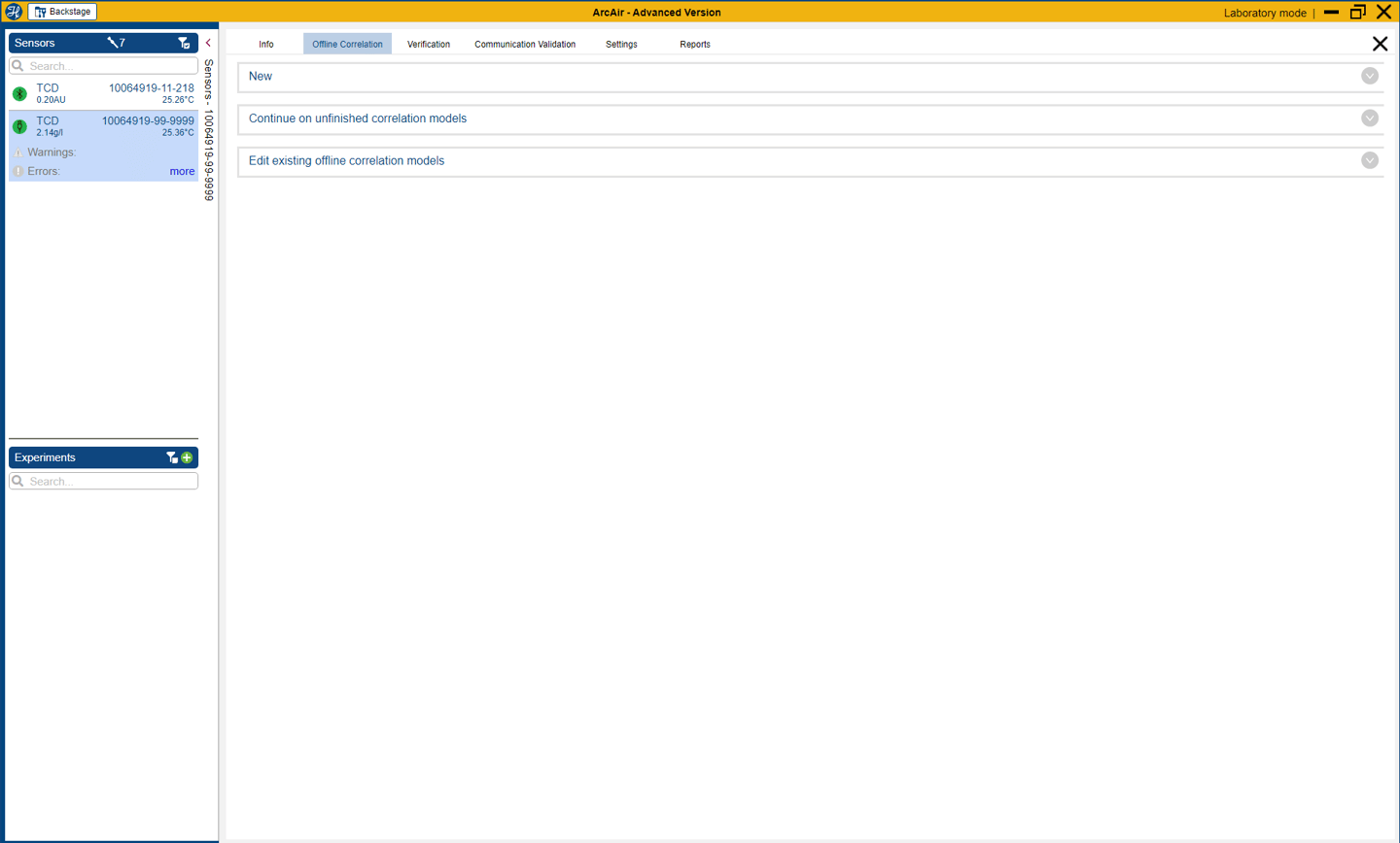 ArcAir Advanced Version software showing the Offline Correlation tab with New, Continue, and Edit options