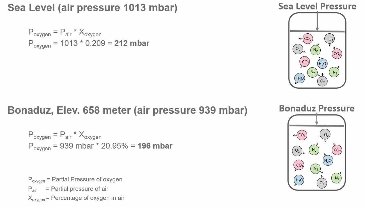 Diagram comparing partial pressure of oxygen at sea level (1013 mbar) vs. Bonaduz at 658 m (939 mbar).