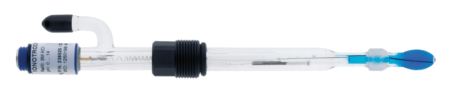 Glass combination pH electrode with blue sensing bulb, reference junction, and labeled electrolyte reservoir