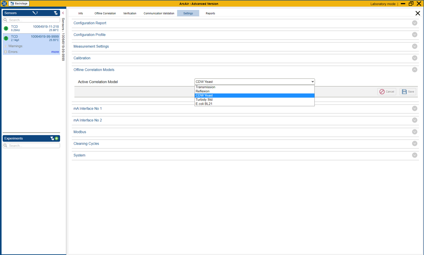 ArcAir software Settings tab showing Offline Correlation Models dropdown with CDW Yeast selected, listing Transmission, Reflexion, Turbidy Std, and E.coli BL21 options