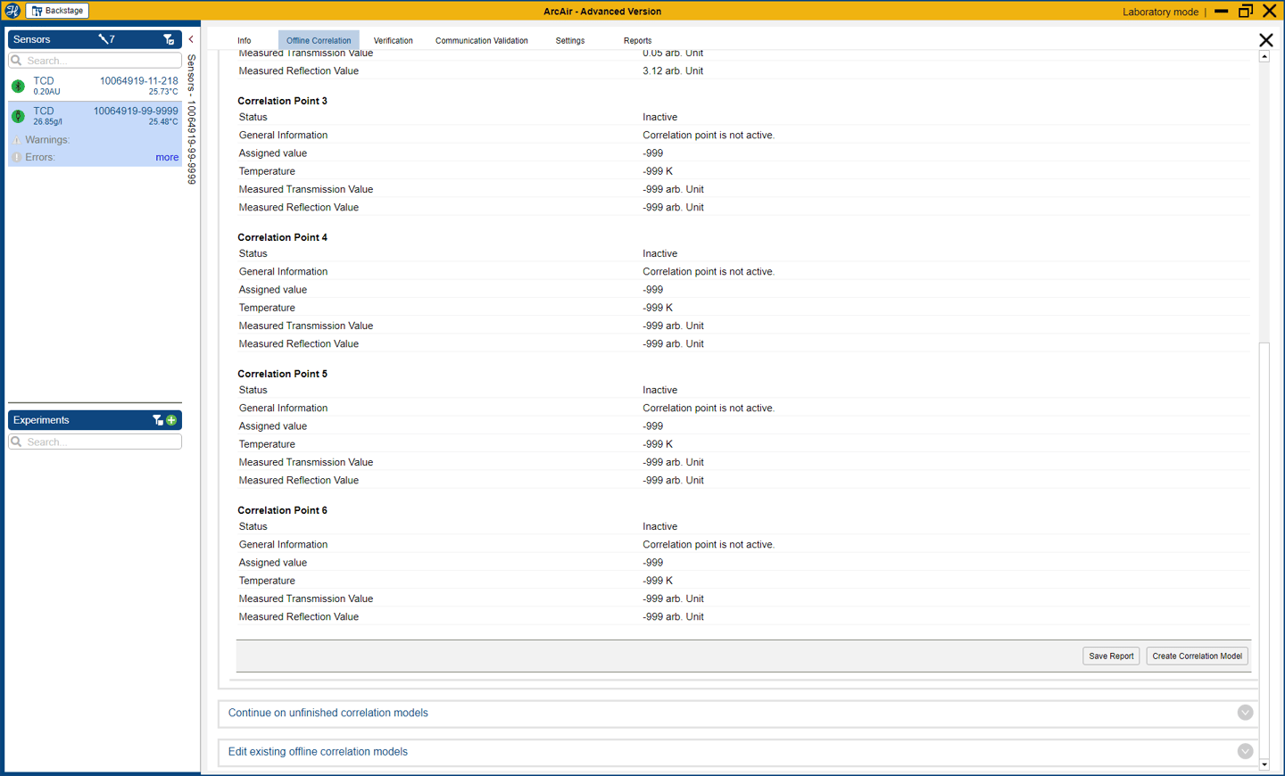 ArcAir Advanced Version software showing Offline Correlation tab with Correlation Points 3–6 listed as Inactive