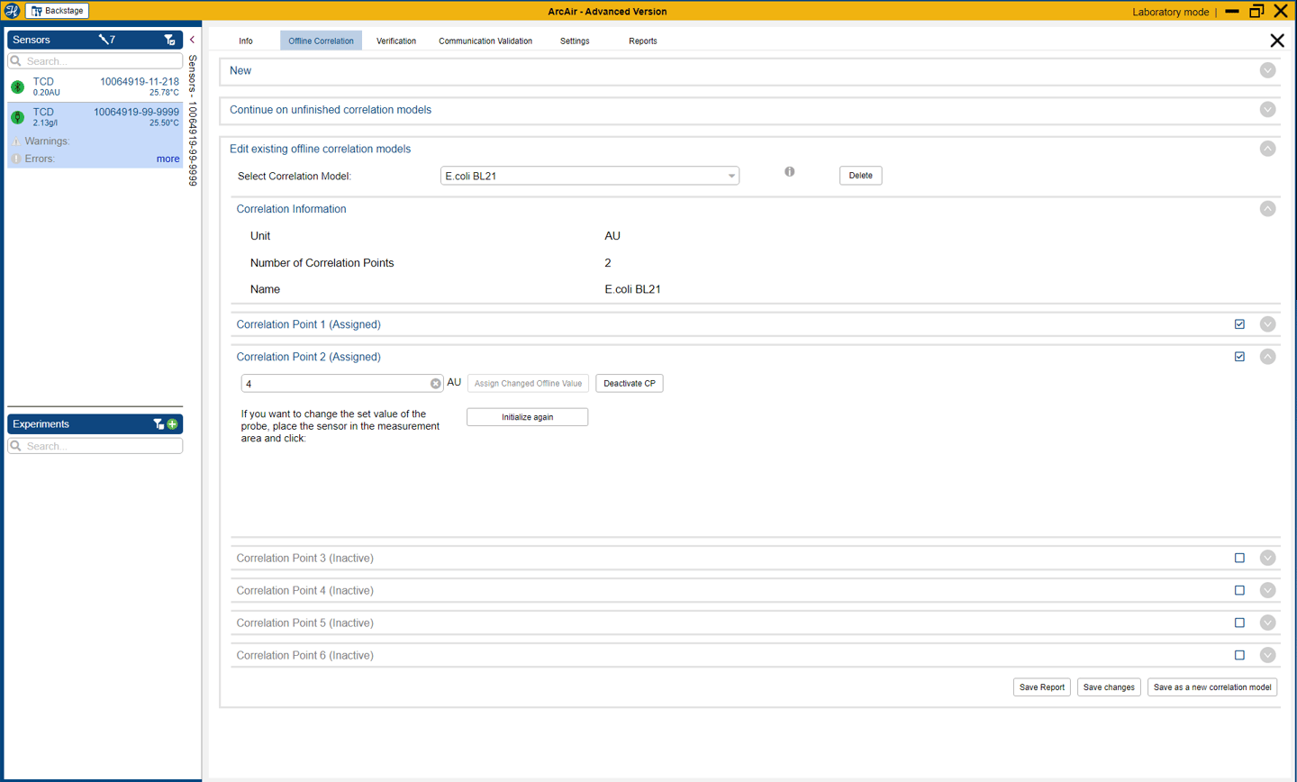 ArcAir software Offline Correlation tab showing E.coli BL21 model with Correlation Point 2 assigned, value 4 AU
