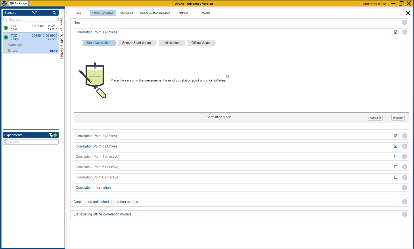 ArcAir Advanced Version software showing Offline Correlation tab with Correlation Point 1 active and Initialize button