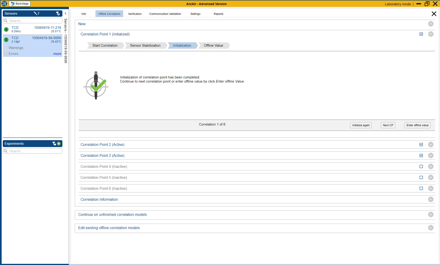 ArcAir Advanced Version software showing Offline Correlation tab with Correlation Point 1 initialization complete status