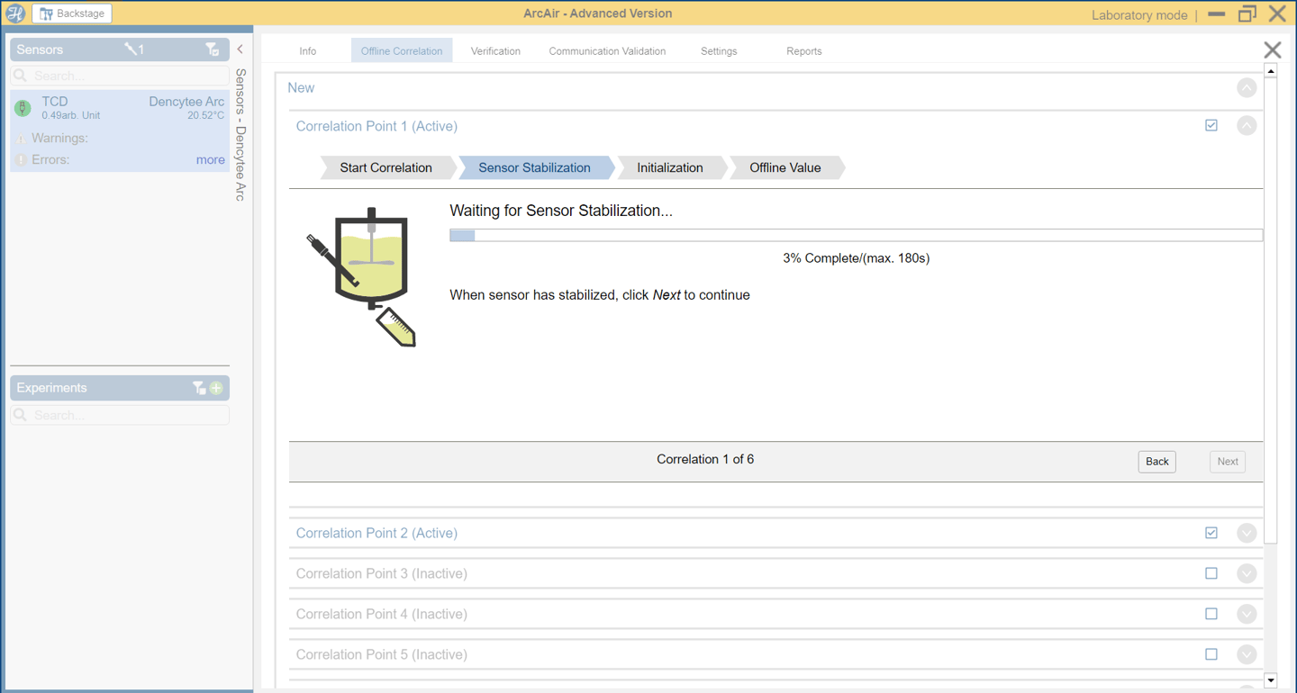 ArcAir Advanced Version software showing Offline Correlation step with Sensor Stabilization at 3% progress (max. 180s)