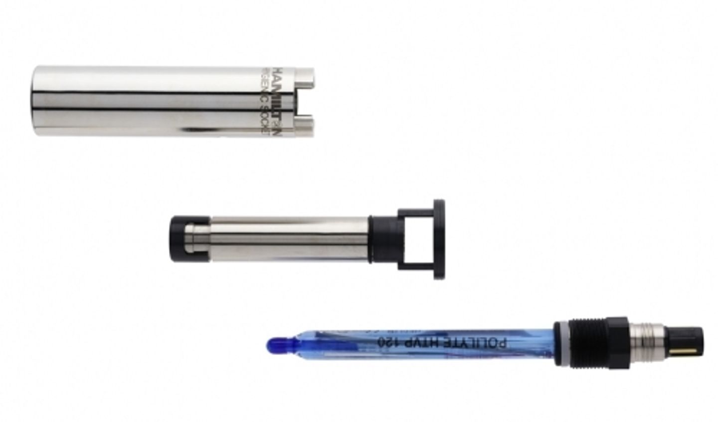 Disassembled Hamilton sensor assembly showing housing, body, and Polilyte HTVP 120 electrode components