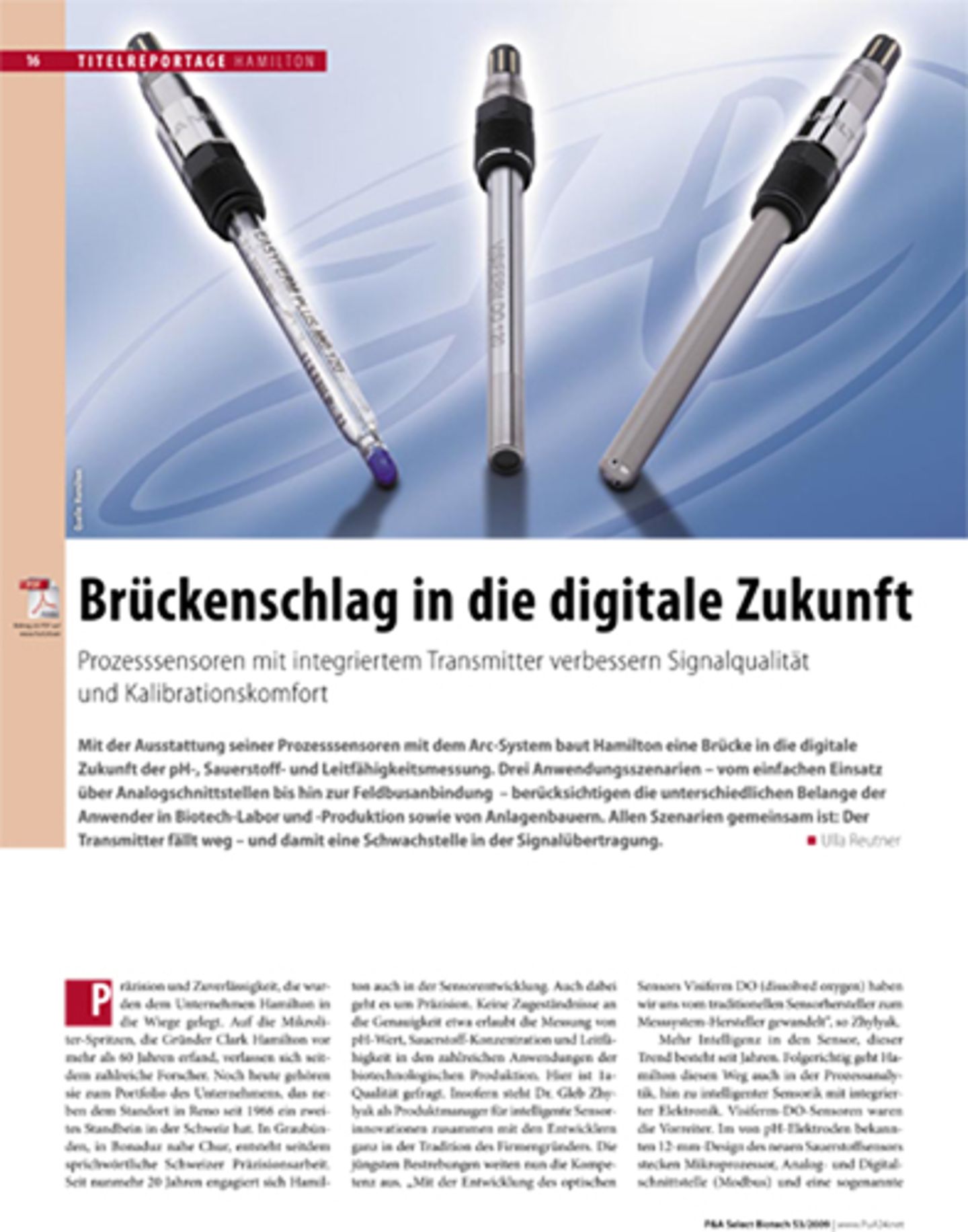 German trade article titled "Brückenschlag in die digitale Zukunft" featuring two process sensors with integrated transmitters.