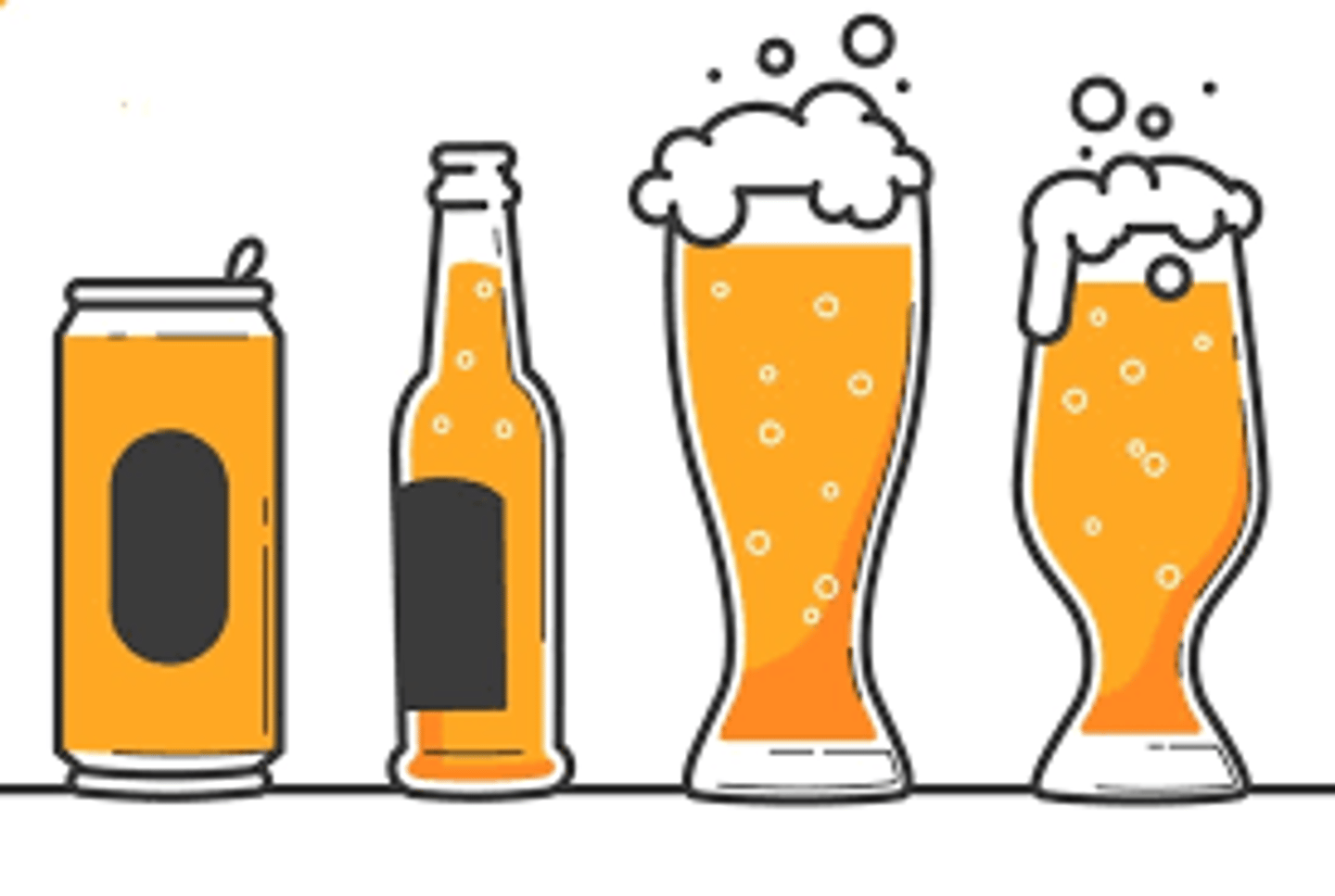 Illustrated icons of a beer can, bottle, and two pint glasses with foam