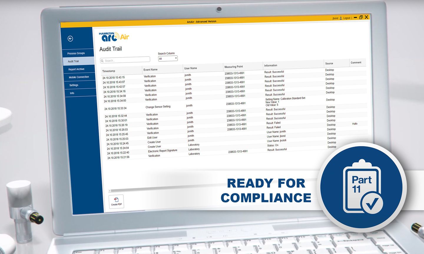 Hamilton ArcAir Advanced Version software showing Audit Trail screen with verification events, timestamps, and usernames logged for 21 CFR Part 11 compliance