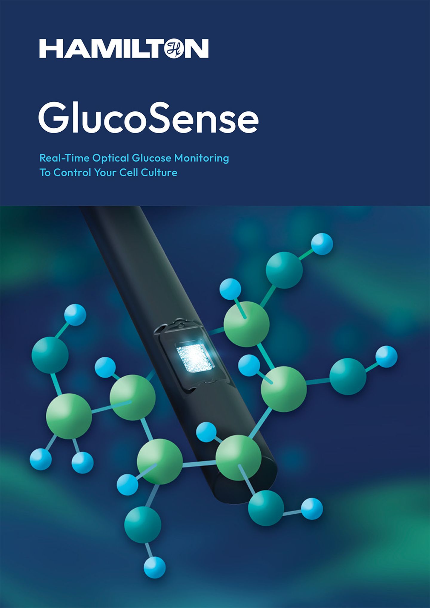 Hamilton GlucoSense brochure cover showing a sensor probe amid molecular structure graphics