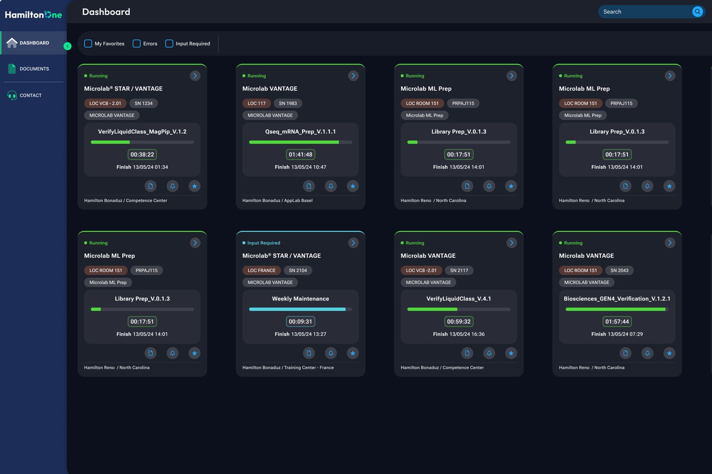 HamiltonOne software dashboard showing eight instrument run cards with status, timers, and method names on a dark UI