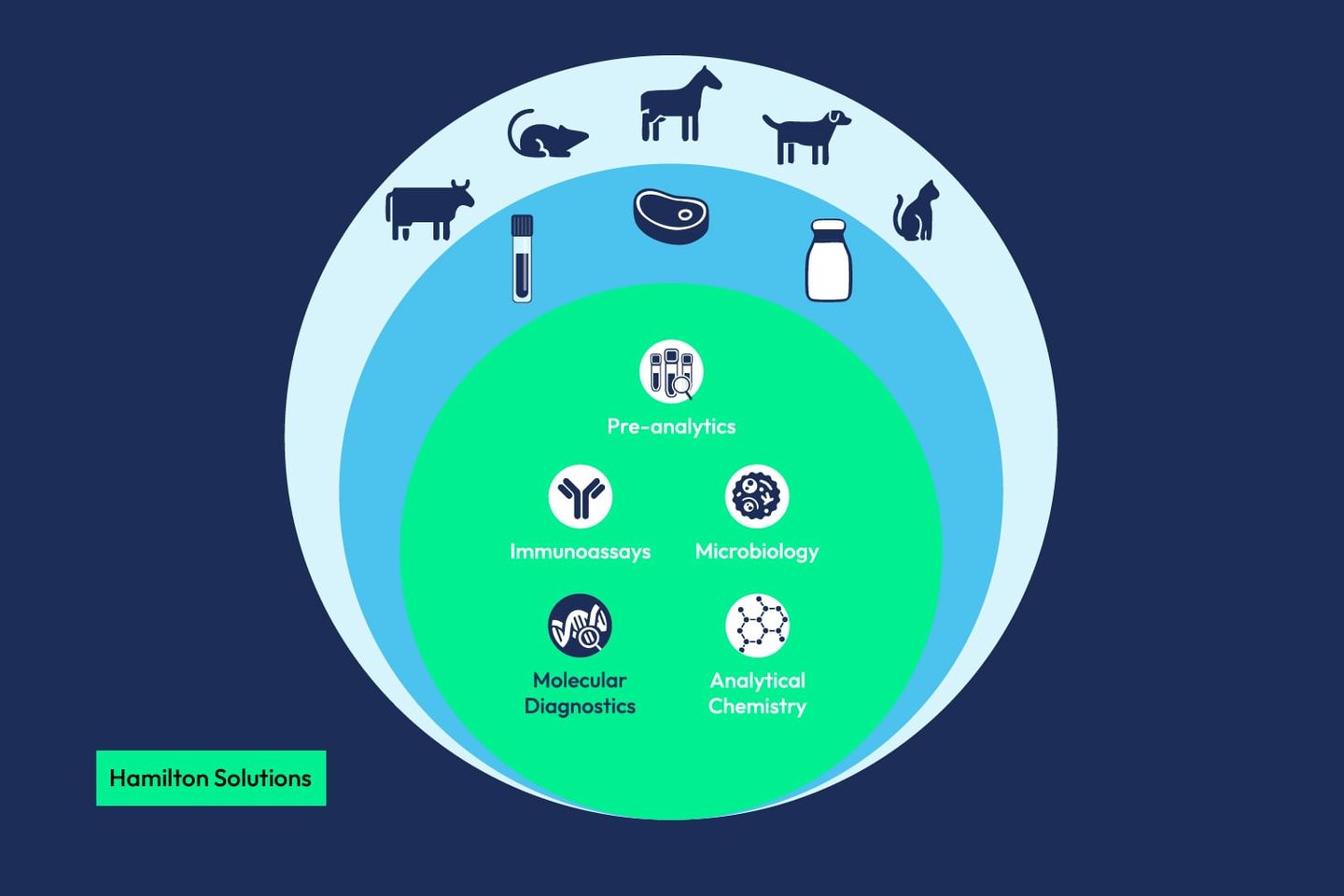 Concentric circle diagram showing Hamilton Solutions for veterinary diagnostics: pre-analytics, immunoassays, microbiology, molecular diagnostics, and analytical chemistry.