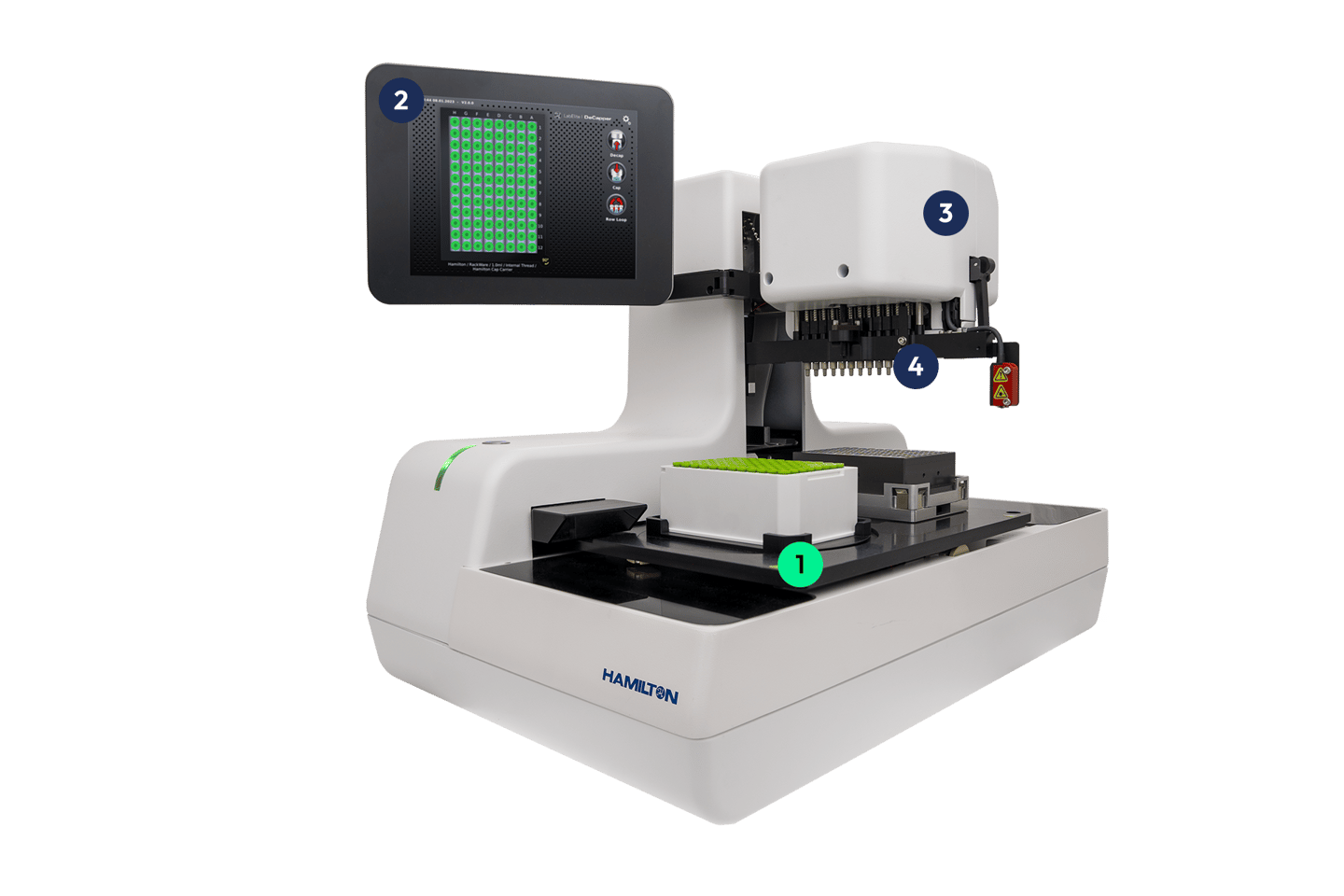 Hamilton automated decapper instrument with numbered callouts: sample rack platform (1), touchscreen display (2), capping head unit (3), and decapping tool (4)