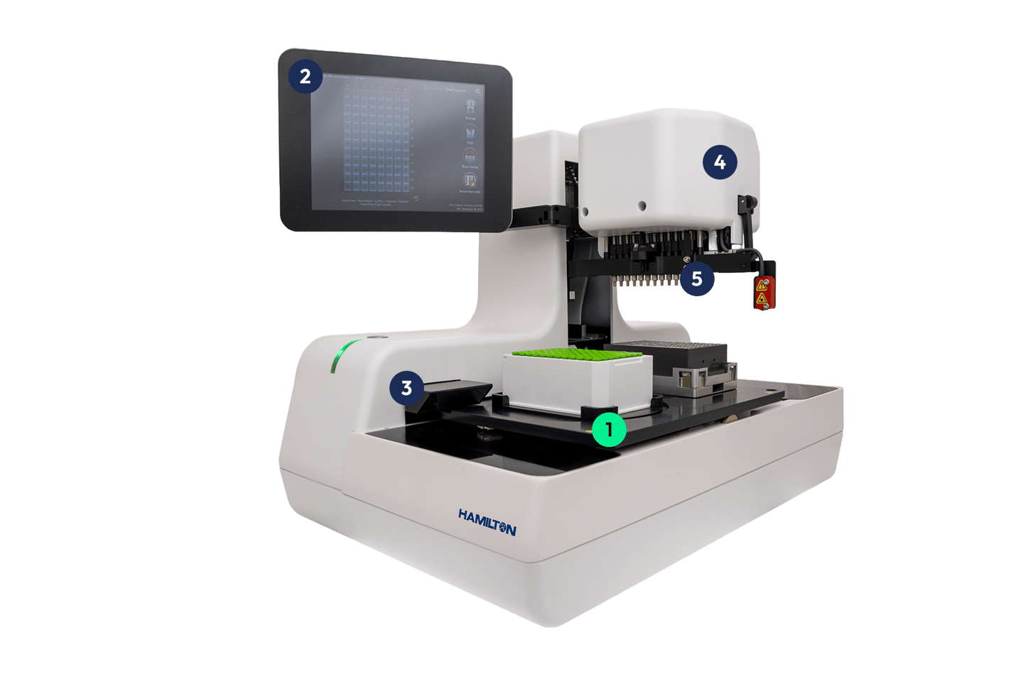 Hamilton automated capper instrument with numbered callouts, touchscreen display, and multi-position pipetting head