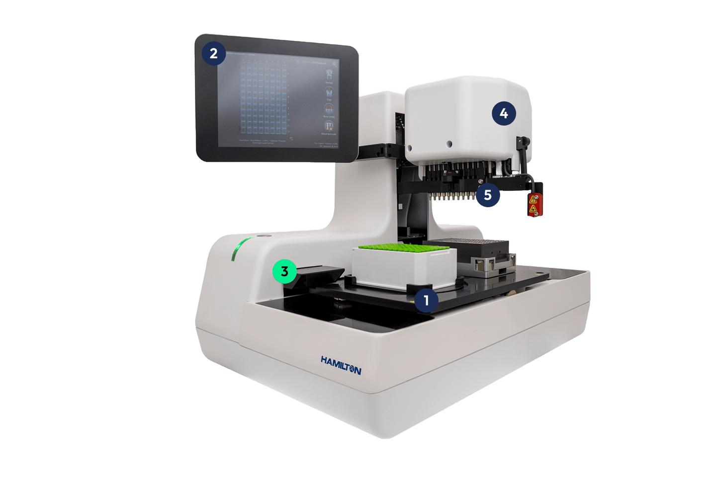 Hamilton automated tube capper instrument with labeled components, touchscreen display, and sample rack