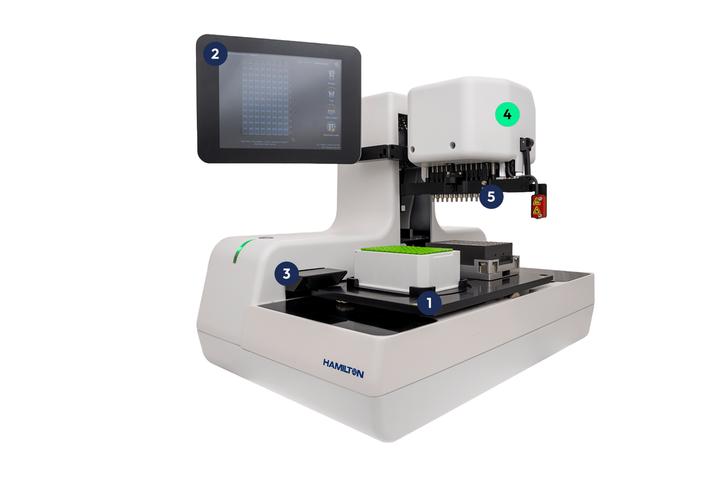 Hamilton automated capper instrument with numbered components, touchscreen display, and sample plate on deck