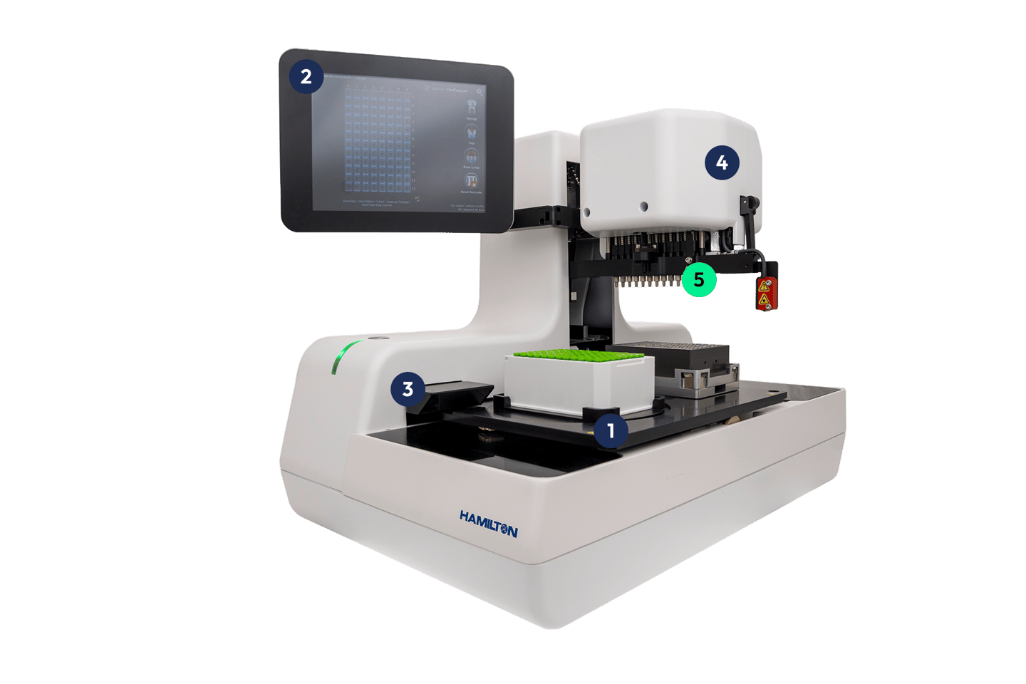 Hamilton automated capper instrument with numbered callouts, touchscreen display, and multi-position deck