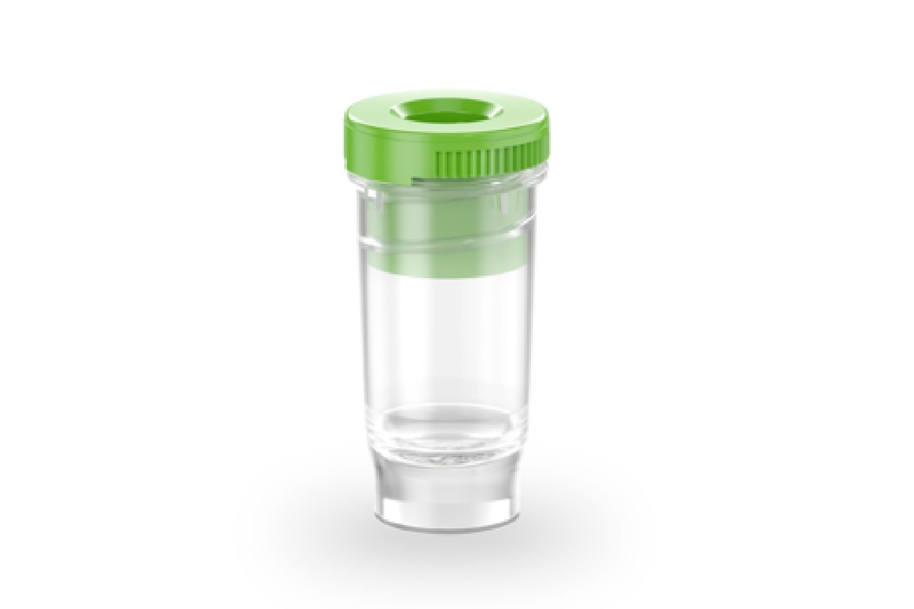 Clear cylindrical sample tube with green internally threaded screw cap, approximately 0.3 mL capacity