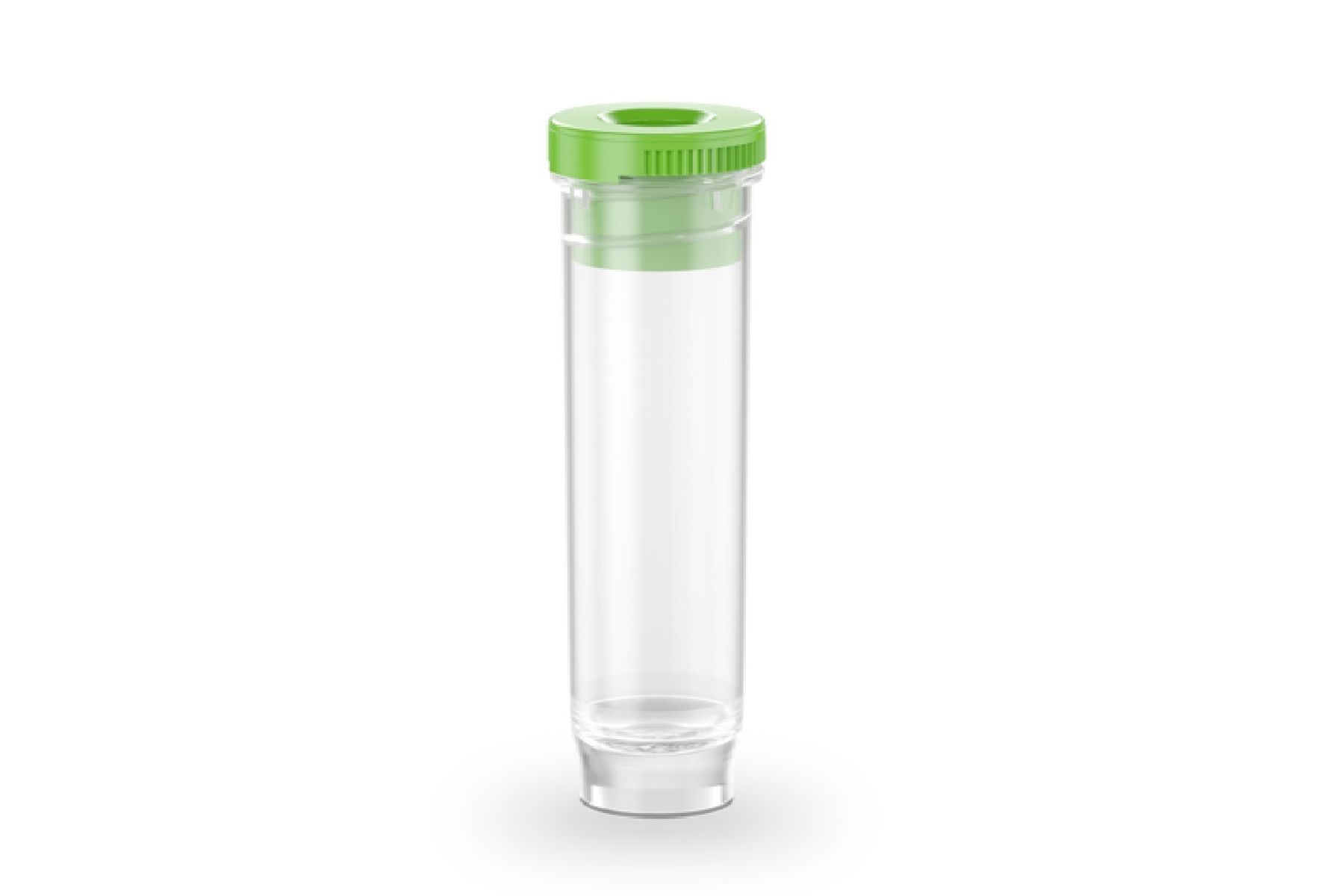 Clear cylindrical tube with green screw cap, flat bottom, transparent body
