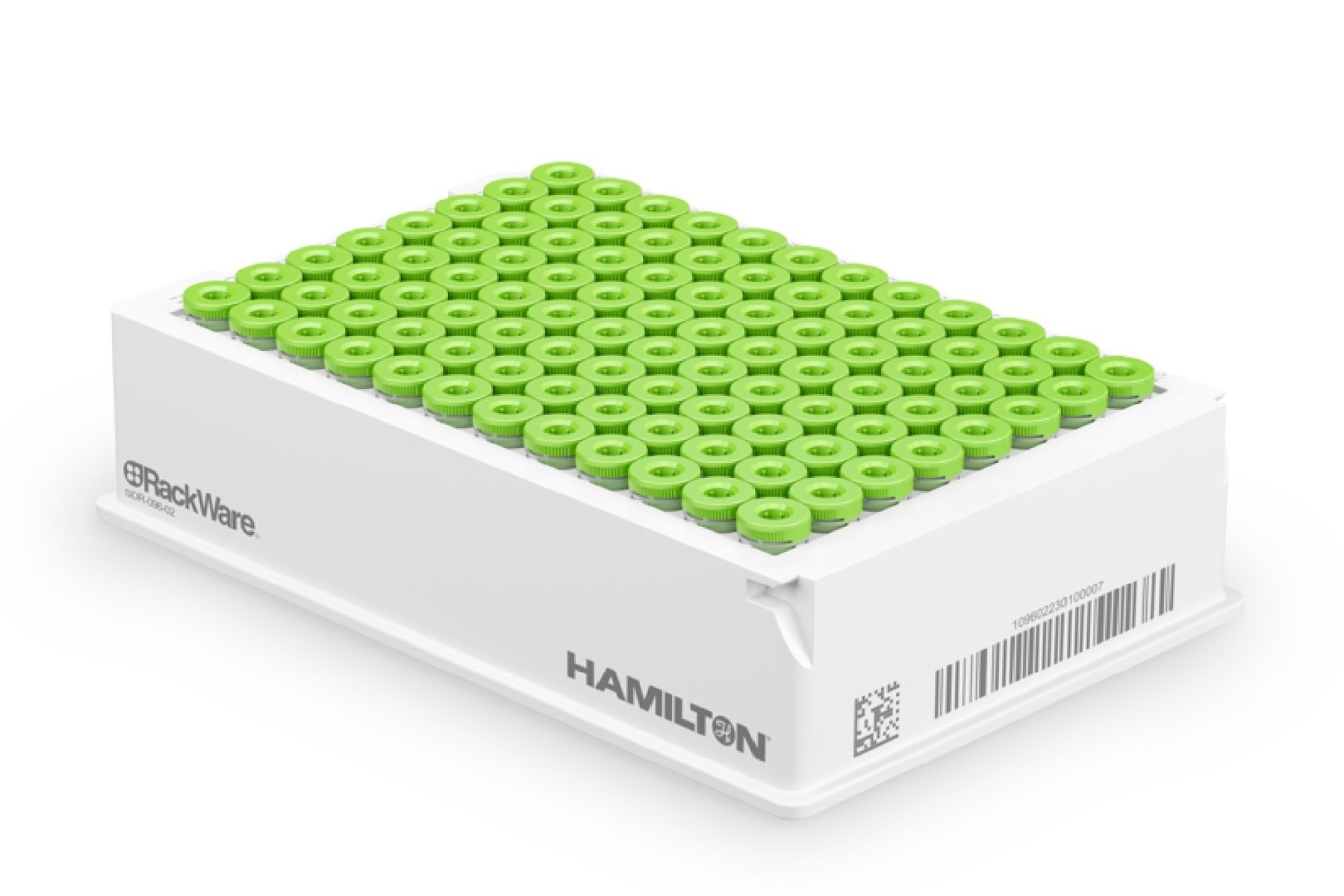 Hamilton RackWare 96-position rack with green screw-cap tubes, white housing, barcode label visible
