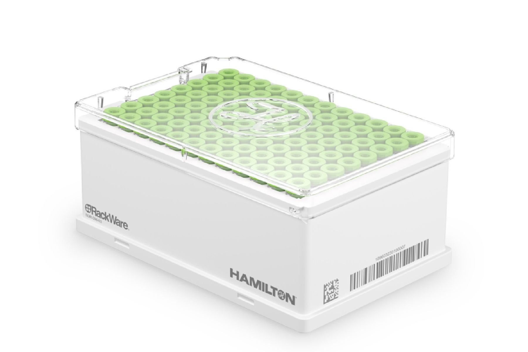 Hamilton RackWare rack of green-capped 1 mL tubes in a clear-lidded white storage box