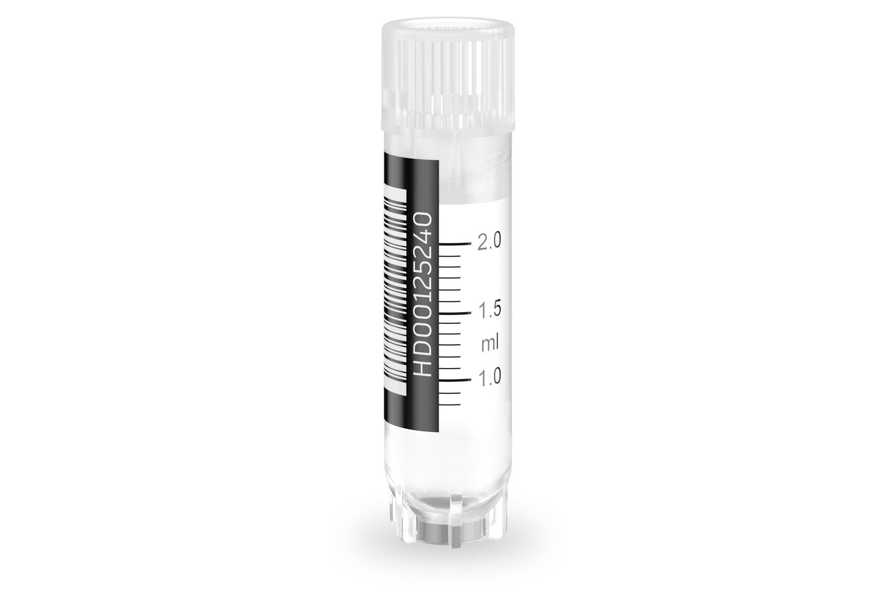 Clear 2 mL cryogenic vial with screw cap, volume graduations at 1.0, 1.5, and 2.0 mL, and barcode label reading HD00125240