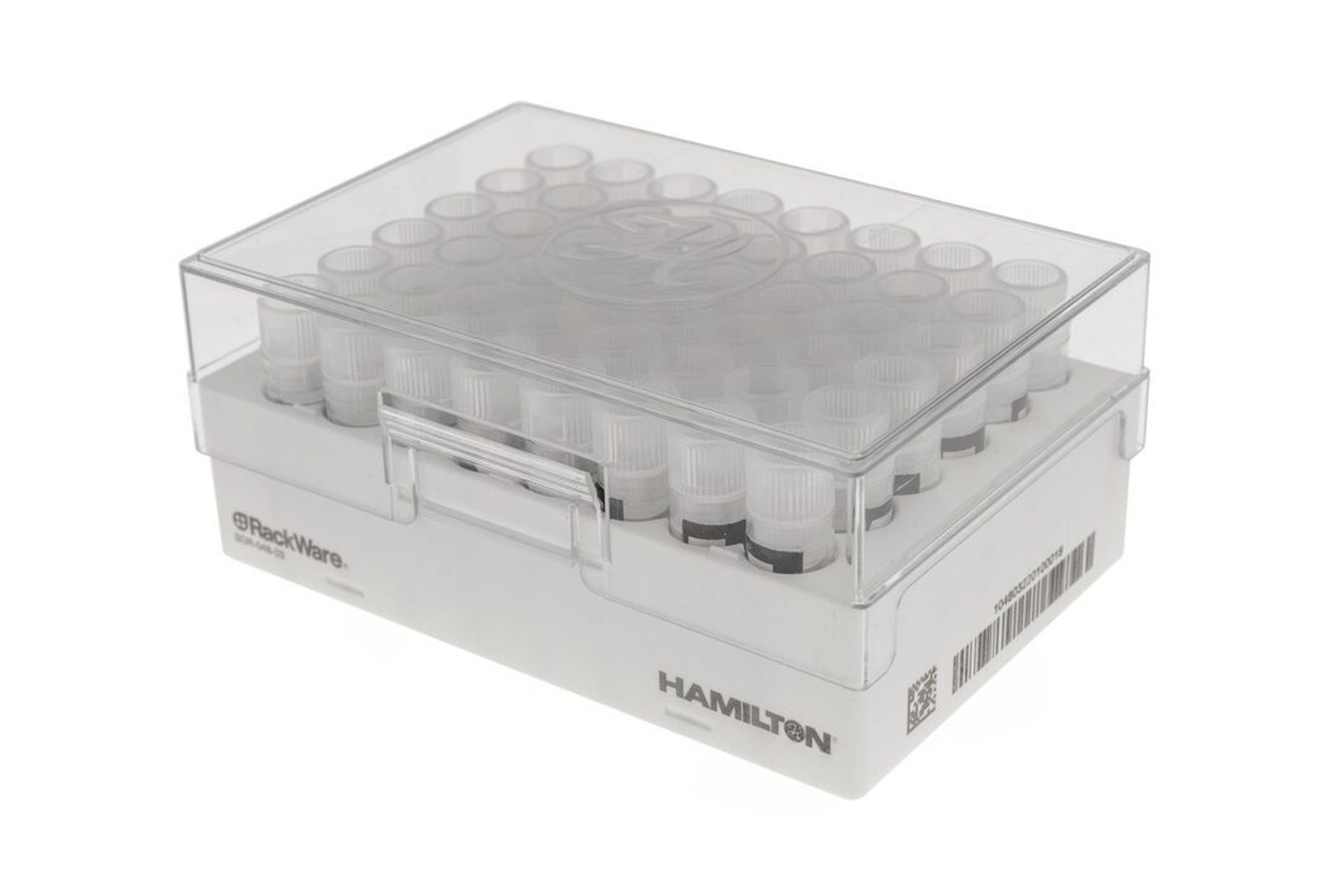 Hamilton RackWare sample storage box with clear lid containing rows of capped vials