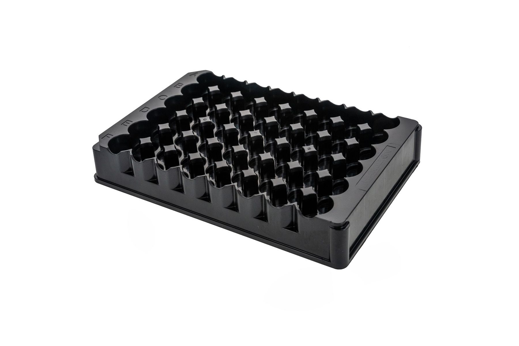 Black 48-well cap holder tray with labeled rows, molded plastic, on white background