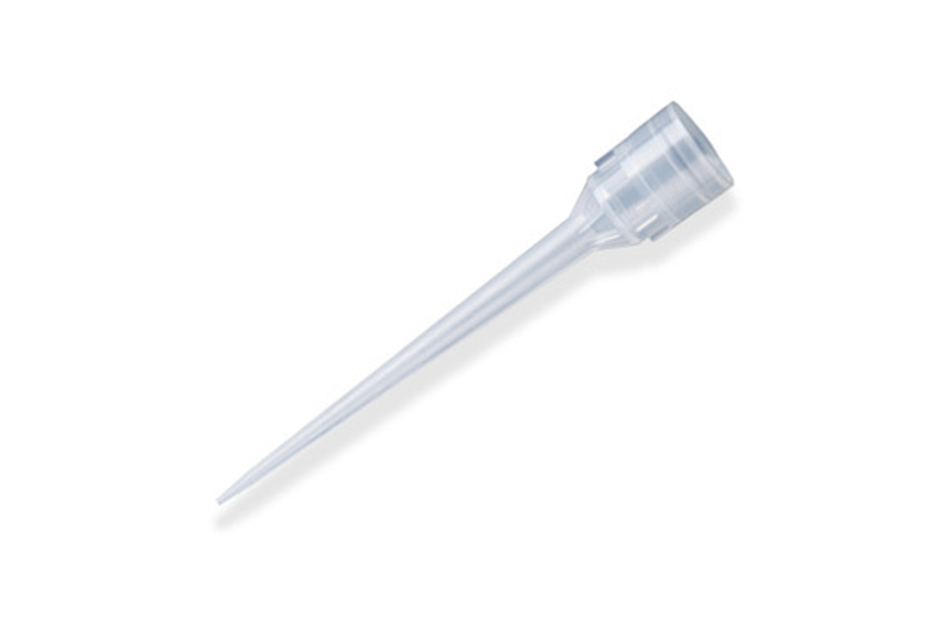 Clear plastic pipette tip with wide cylindrical base tapering to a fine point