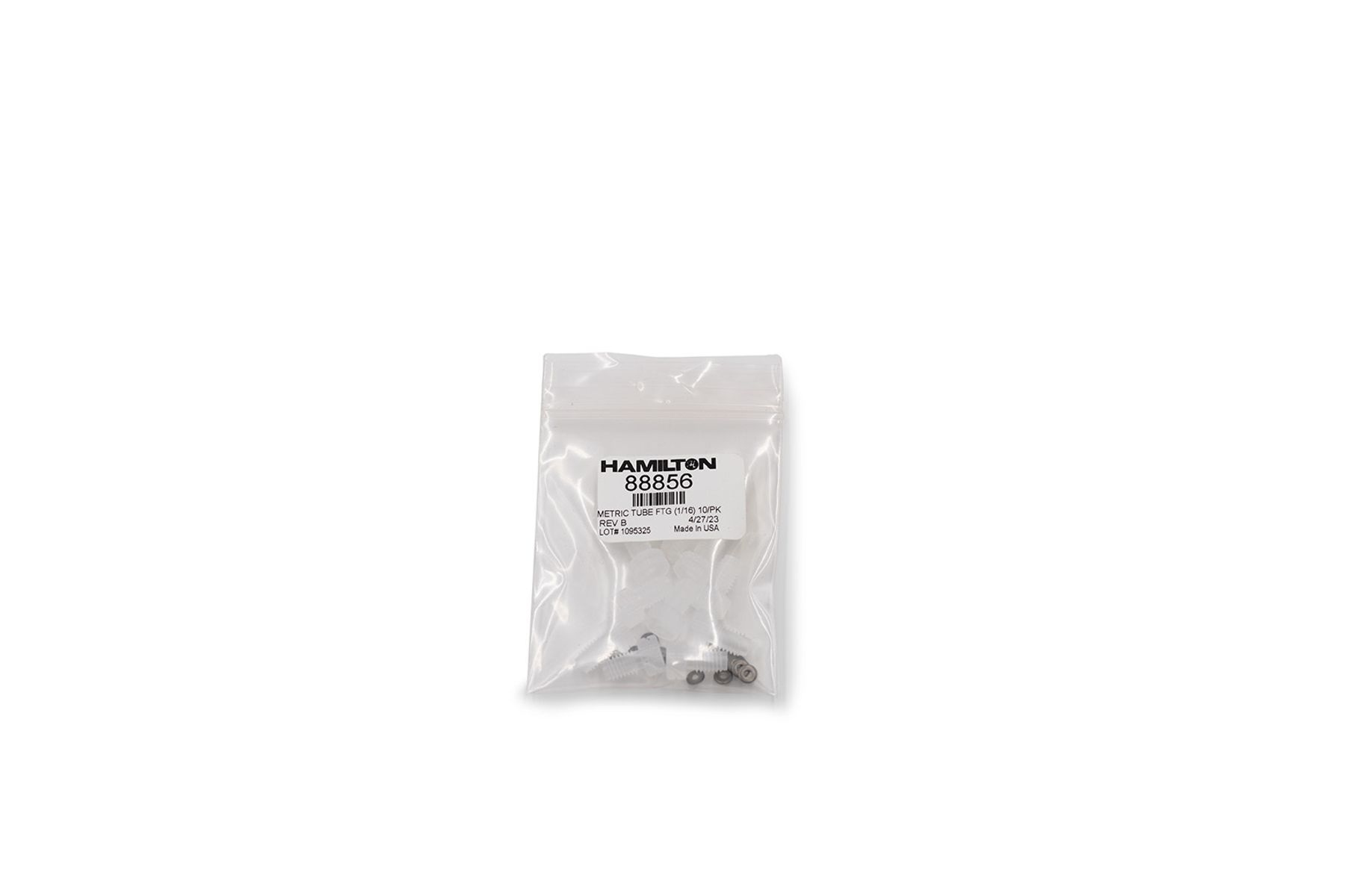 Resealable bag labeled Hamilton 88856 containing metric tube fittings, 1/16 inch, pack of 10, made in USA