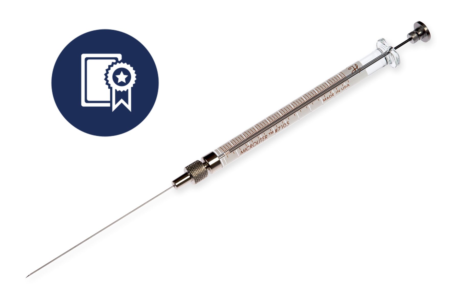 Microliter #7105 glass syringe with metal plunger and long needle, beside a certification badge icon