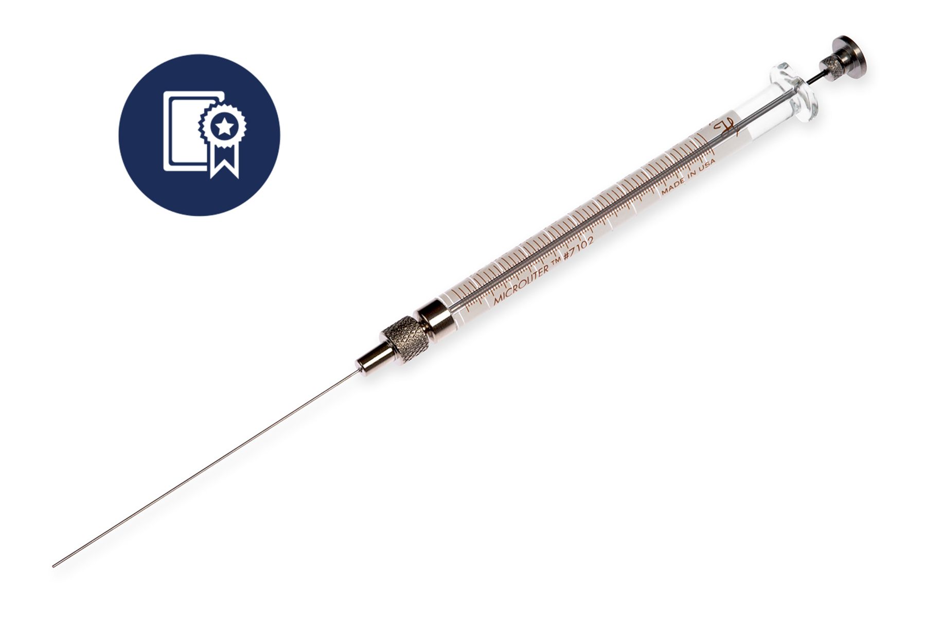 Hamilton Microliter #7102 syringe with fine needle, graduation markings, and knurled locking hub, with a certified badge icon