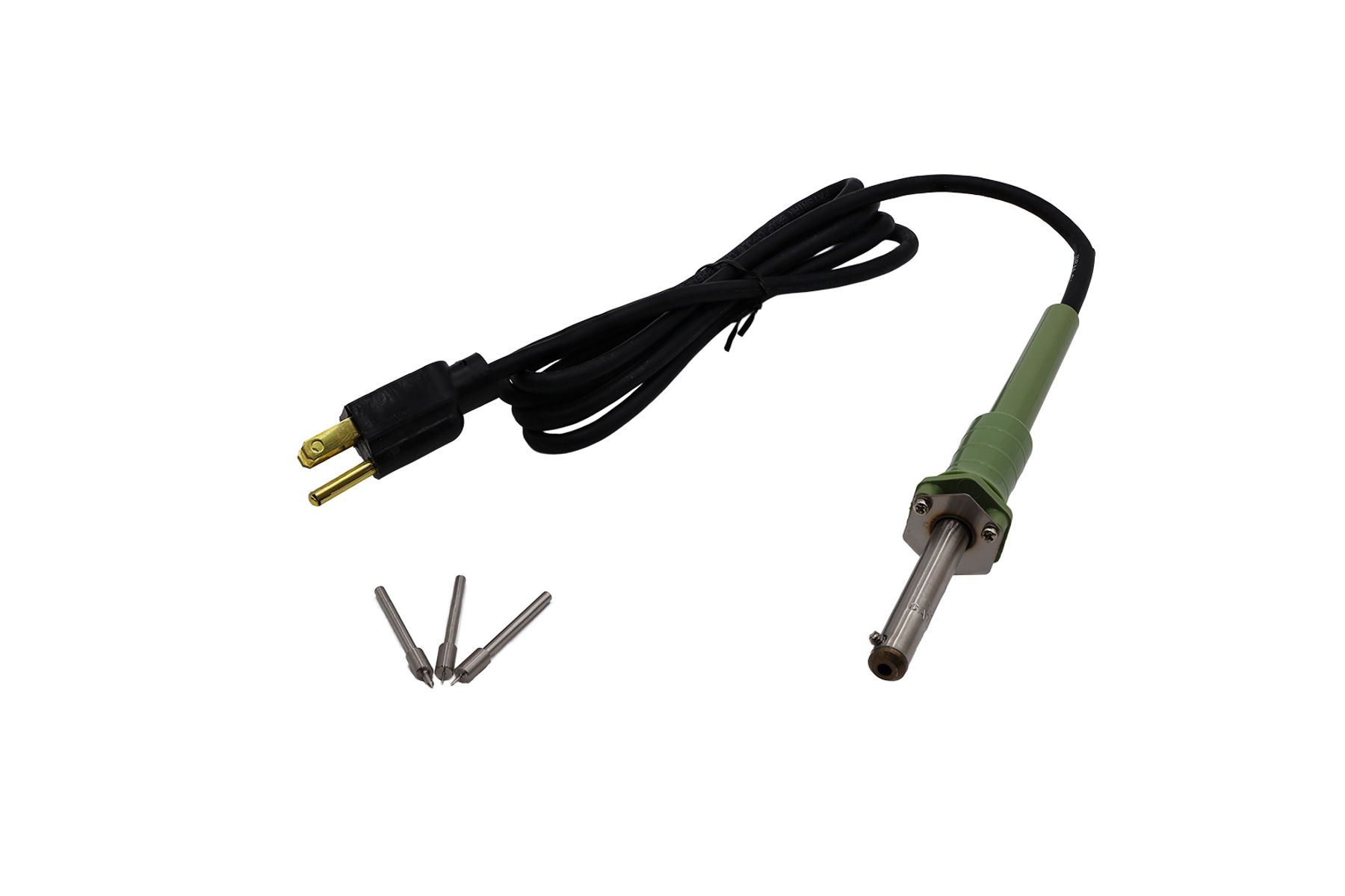 Electric flanging tool with green handle, power cord, and three interchangeable metal tips