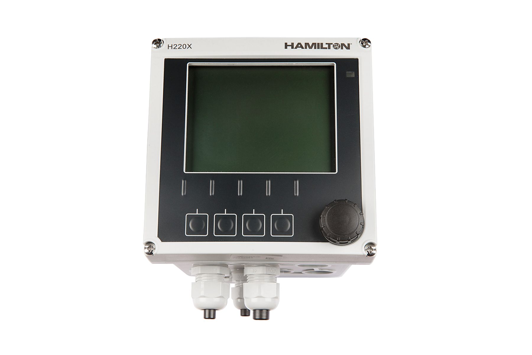 Hamilton H220X process transmitter with LCD display, four function buttons, rotary knob, and cable glands
