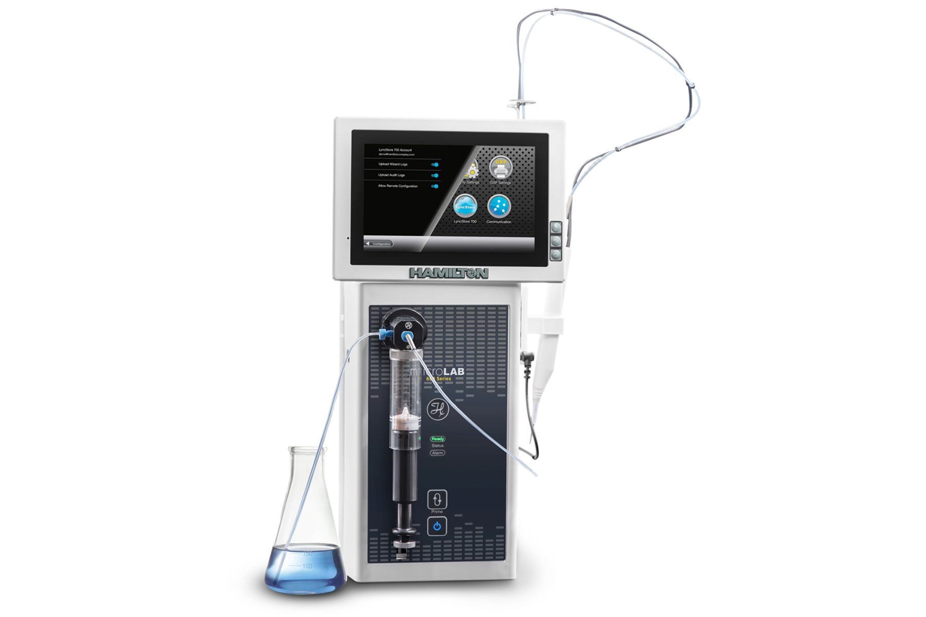 Hamilton MicroLAB dispenser with touchscreen display, syringe module, tubing, and Erlenmeyer flask containing blue liquid