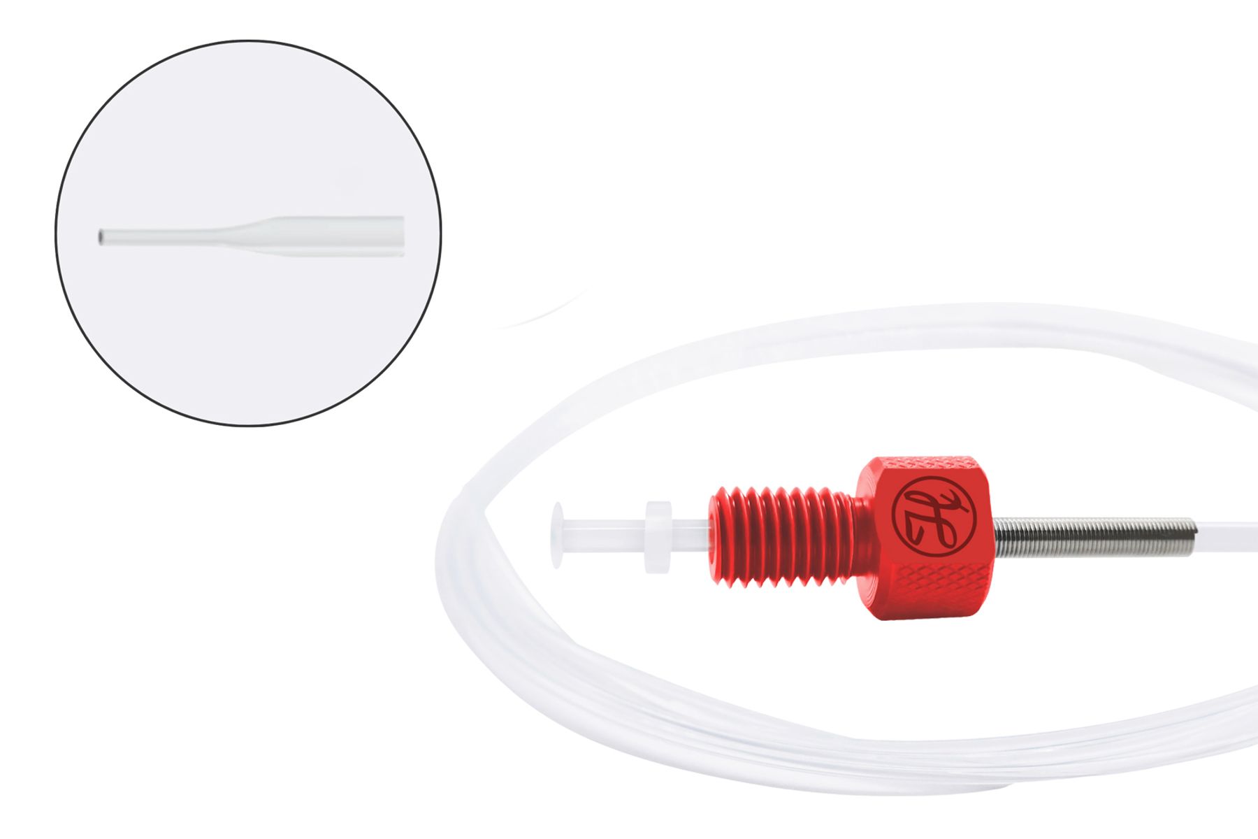 FEP tubing coil with red color-coded threaded fitting and flat-tipped end detail inset
