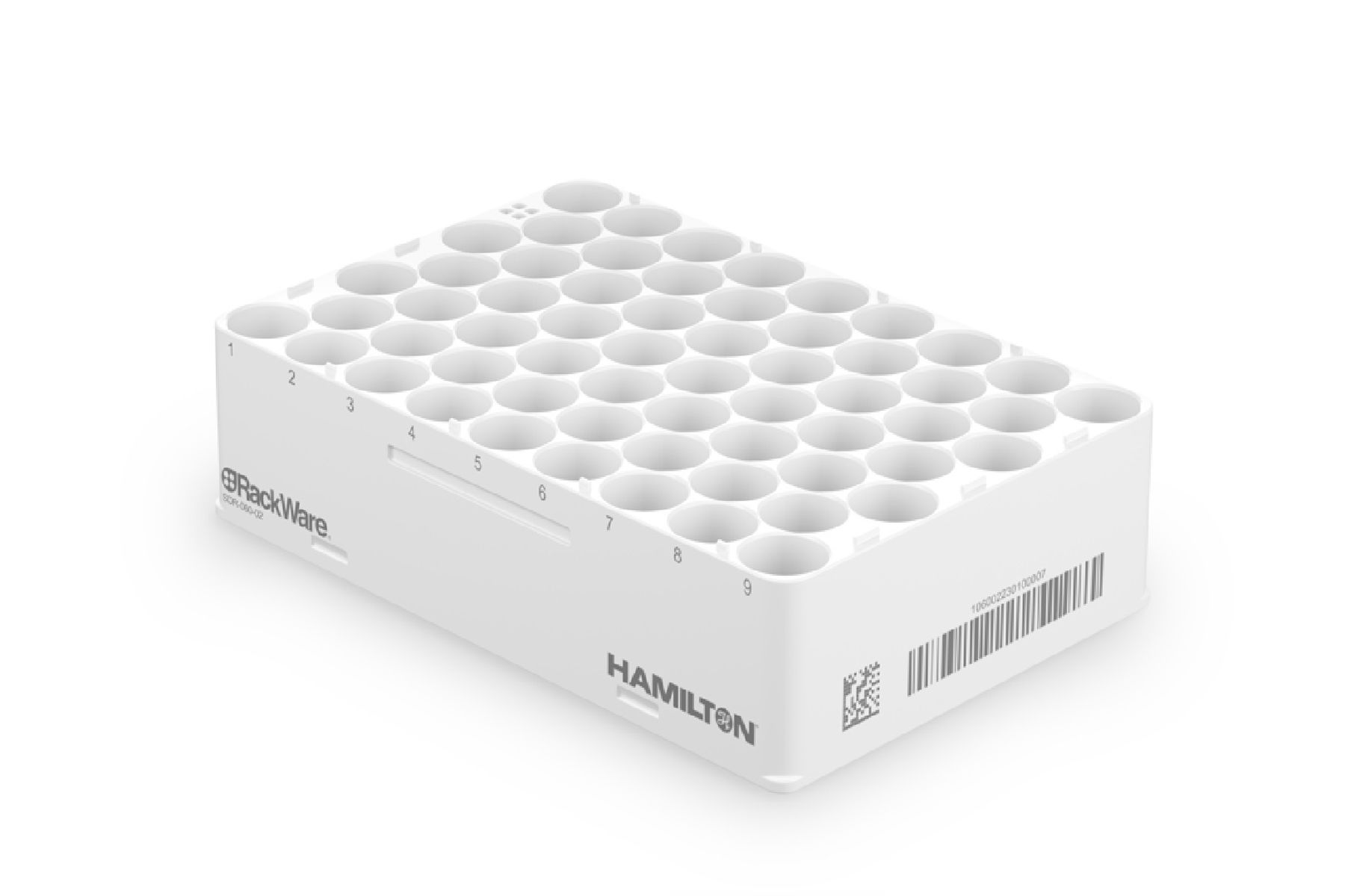 White Hamilton RackWare tube rack with 60 circular tube positions, numbered columns 1–9, with barcode and QR code on side