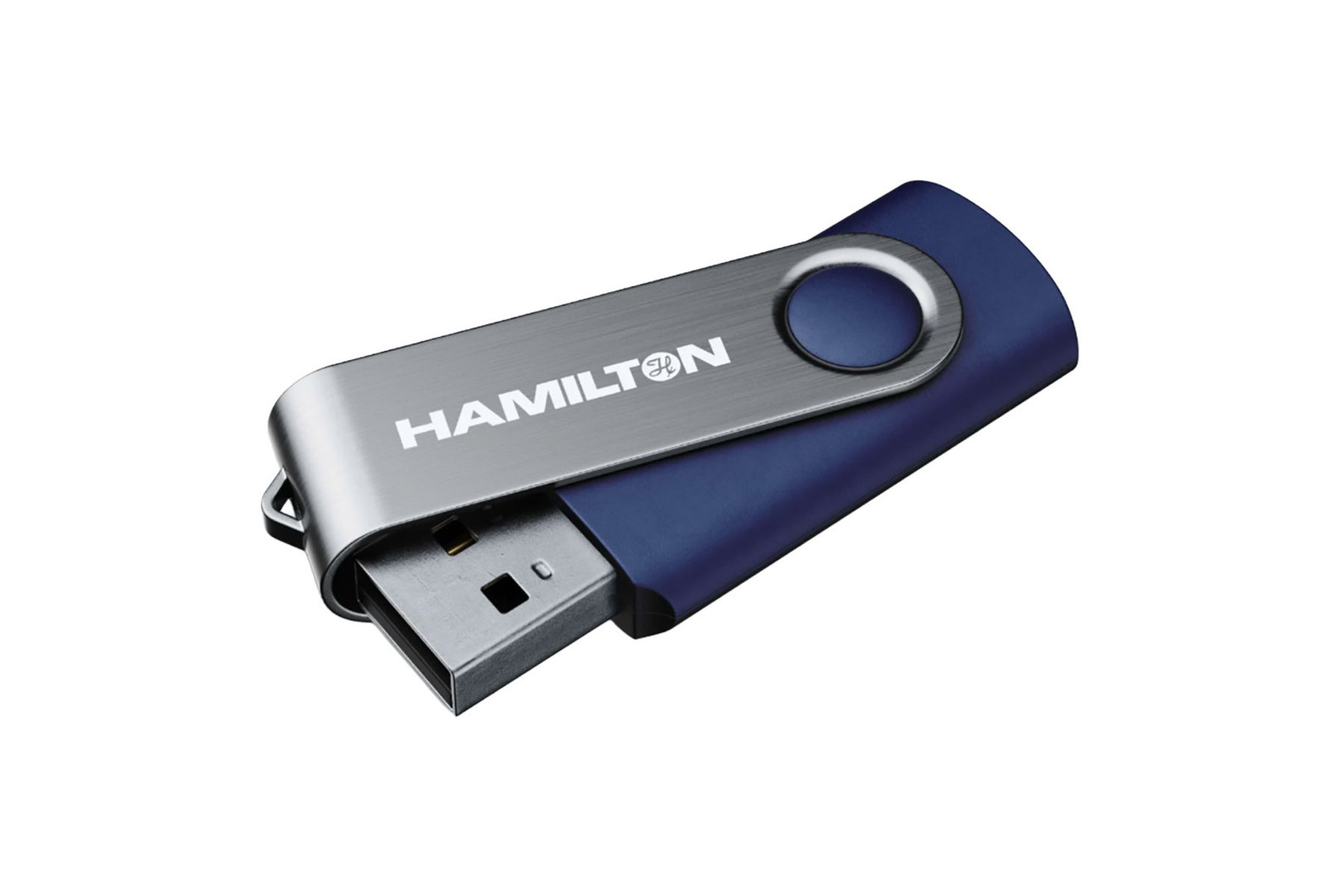 Hamilton-branded navy blue and silver swivel USB flash drive with connector exposed