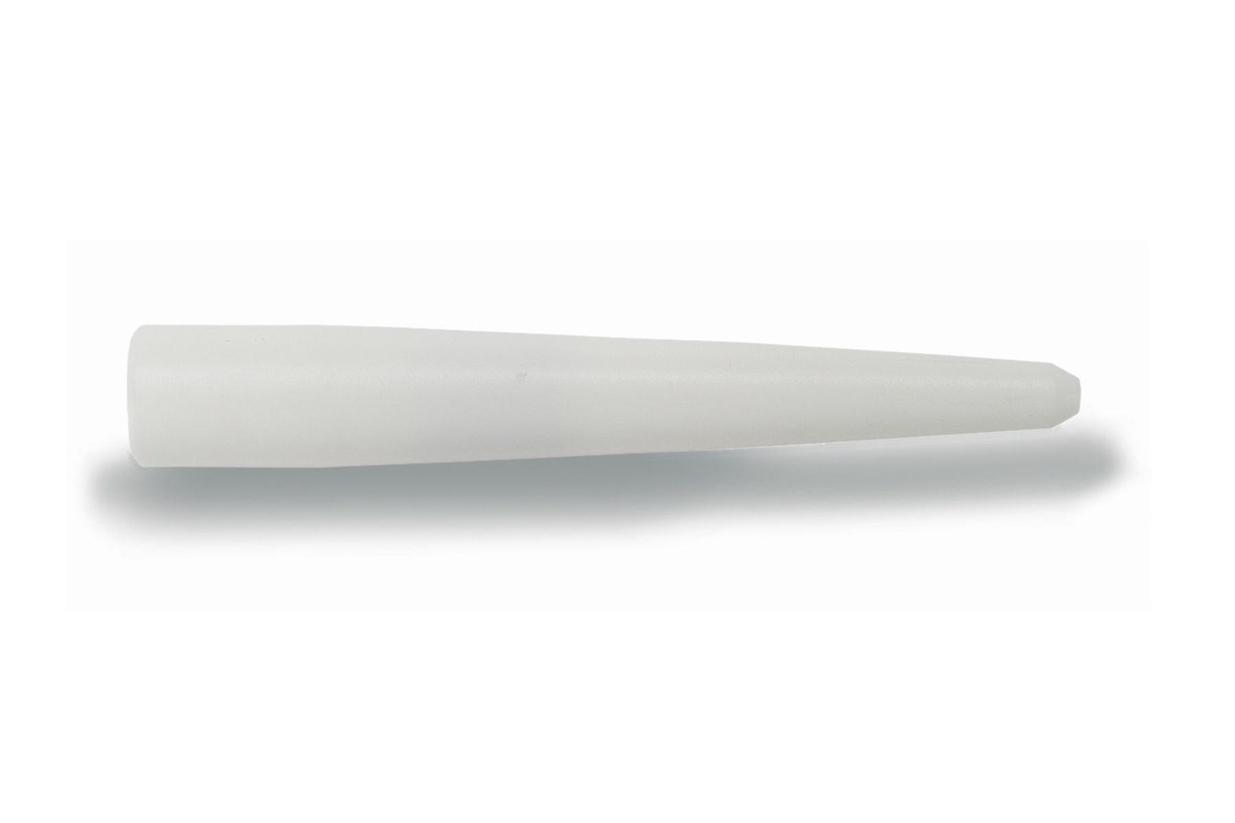 White tapered pipette tip with a pointed end, shown on a transparent background