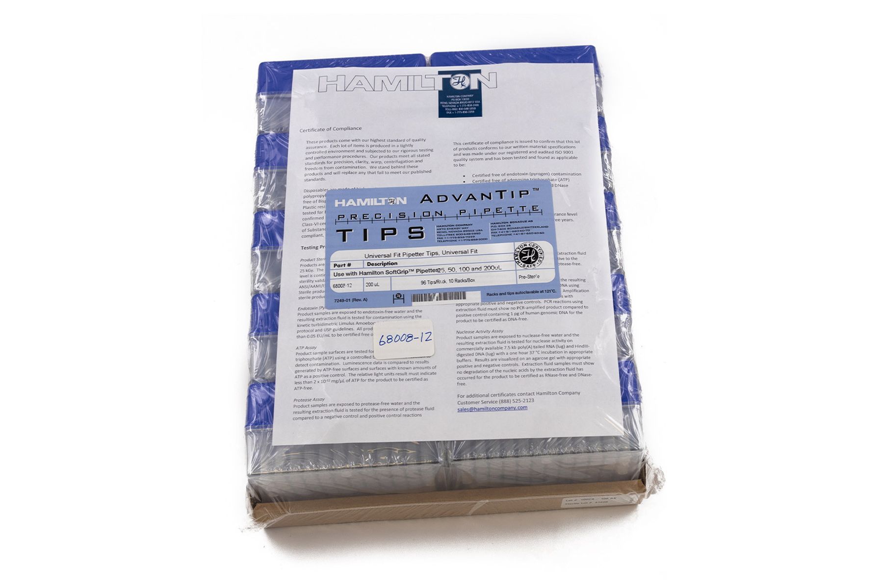 Hamilton 200 µL, Racked, Pre-Sterilized, 96 tips/rack