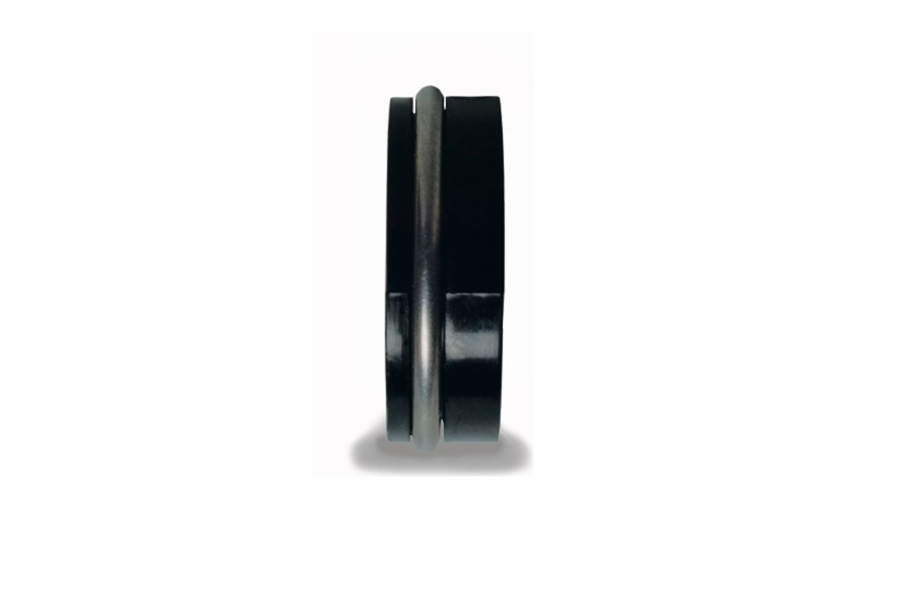 Black rubber wheel with central groove and metal axle pin, side view