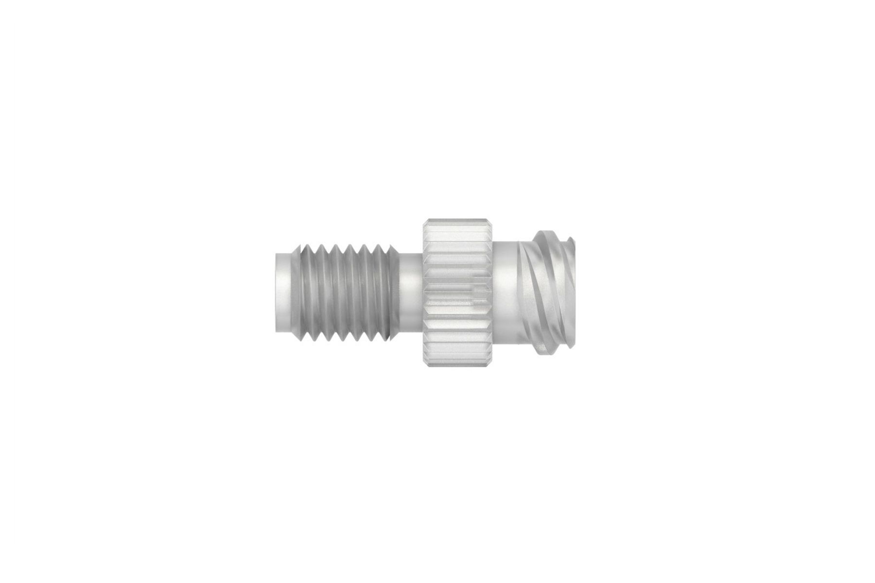 Transparent plastic Luer-to-threaded male fitting adapter with knurled collar