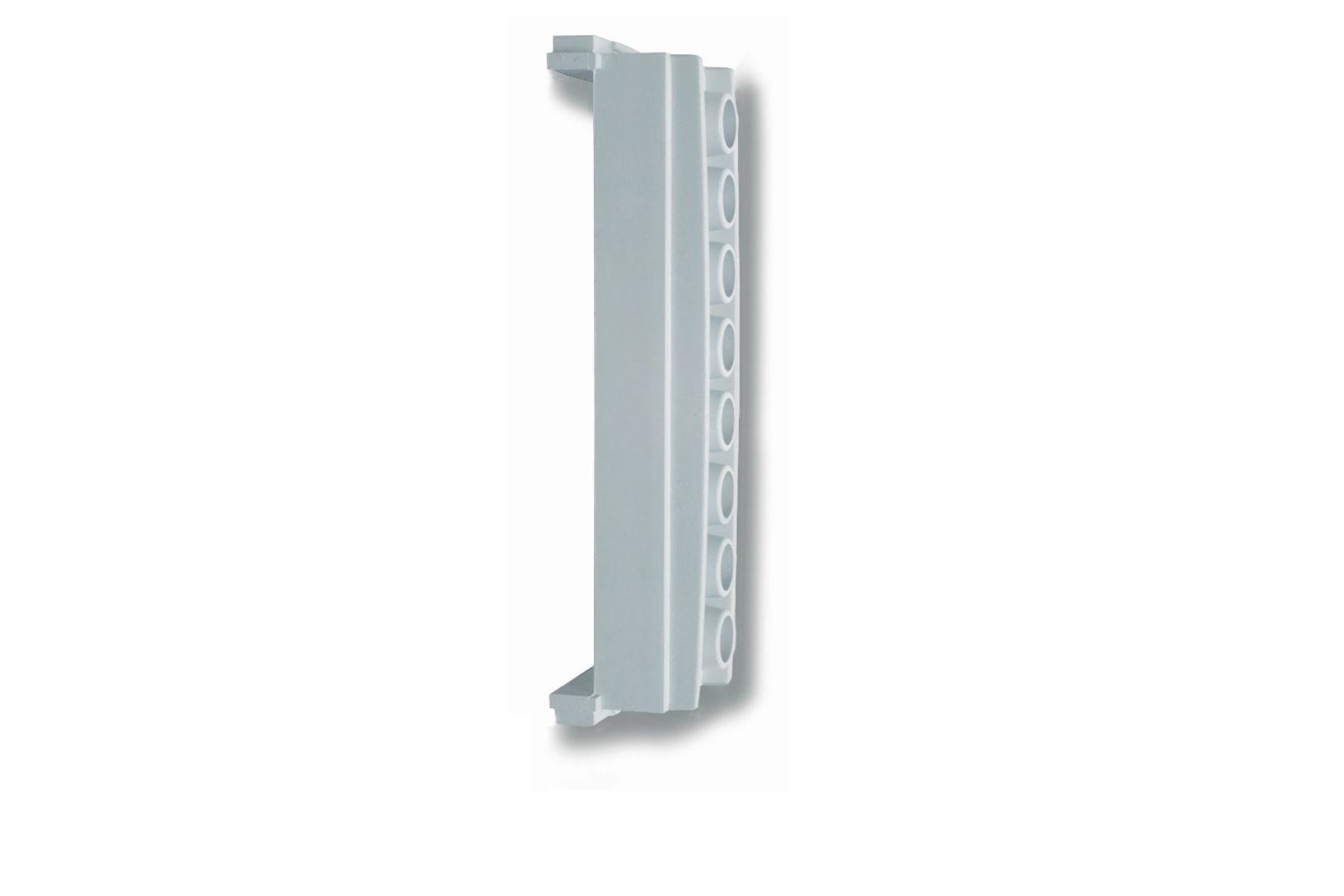 Light gray plastic rack or carrier component with a column of circular holes along its right edge and mounting tabs at top and bottom