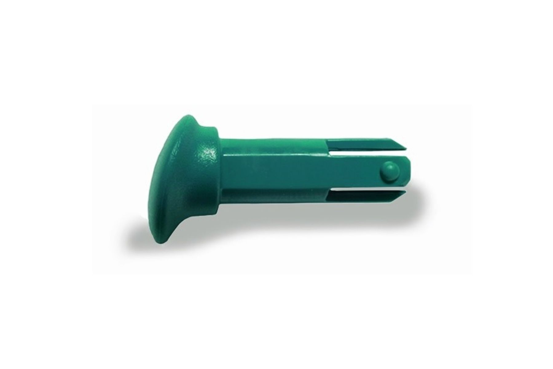 Green plastic split-tip push pin fastener with flanged head and locking nub