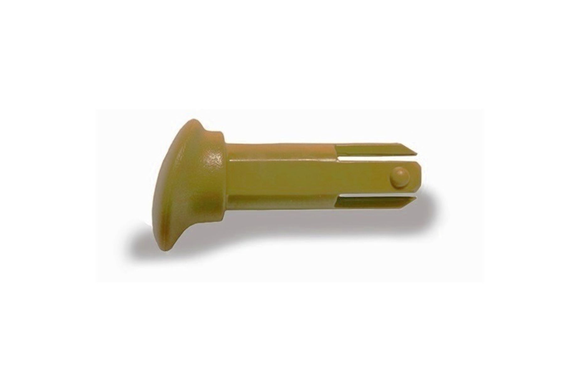 Tan/olive plastic push-in panel fastener with mushroom head and split-shank retention clip